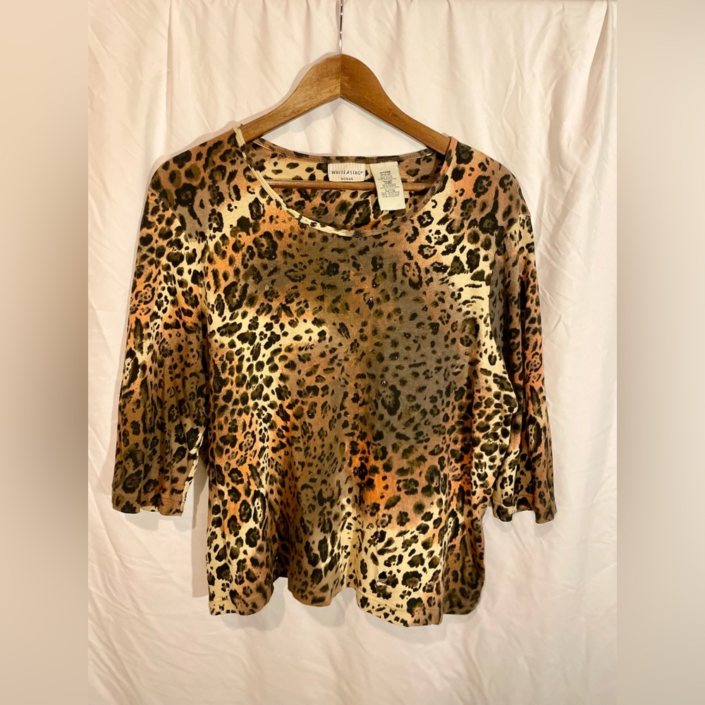 🔥 Leopard Print 3/4 Sleeve White Stag Blouse